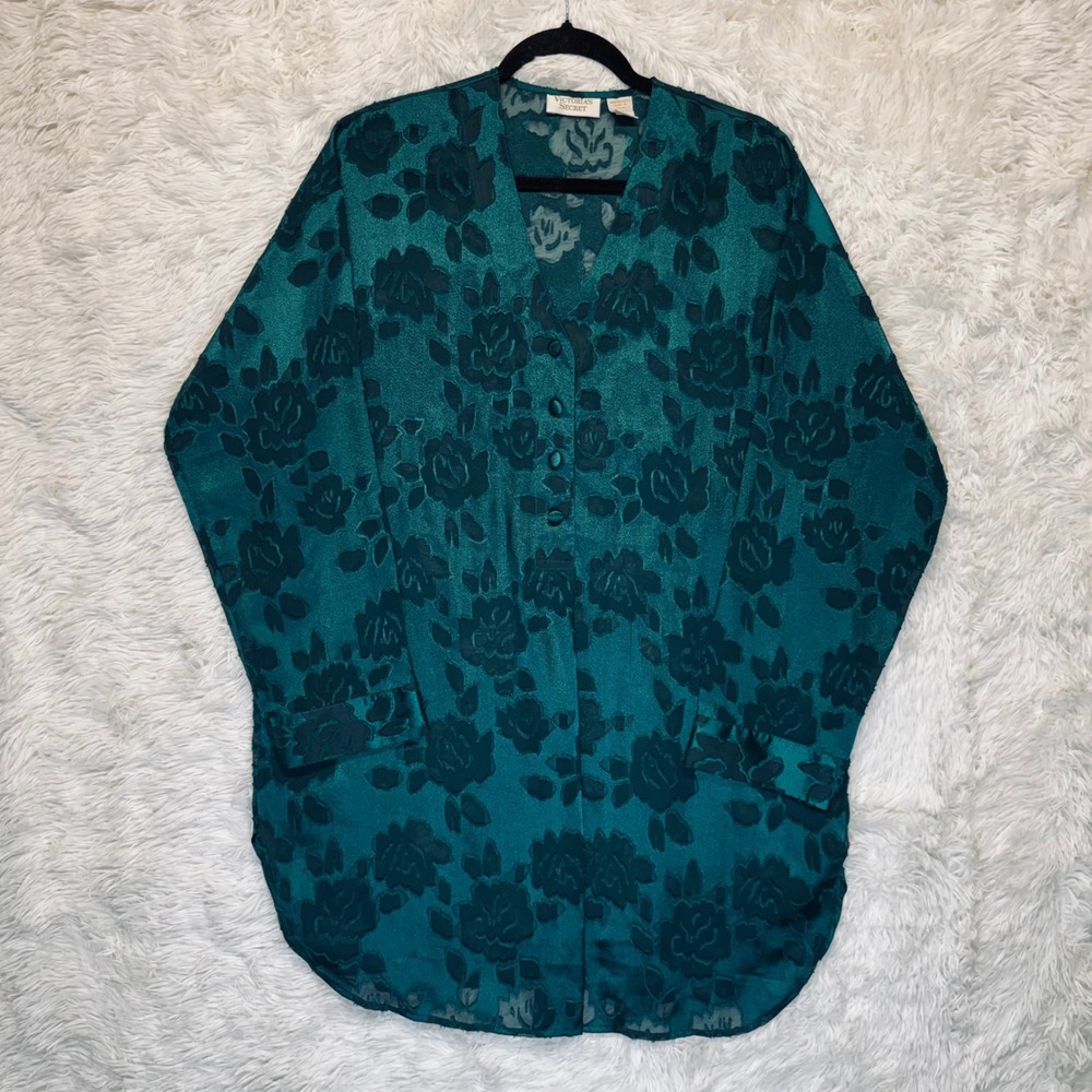 VTG Victorias Secret Gold Label Floral Burnout Sleep Shirt Large‎ Emerald Green